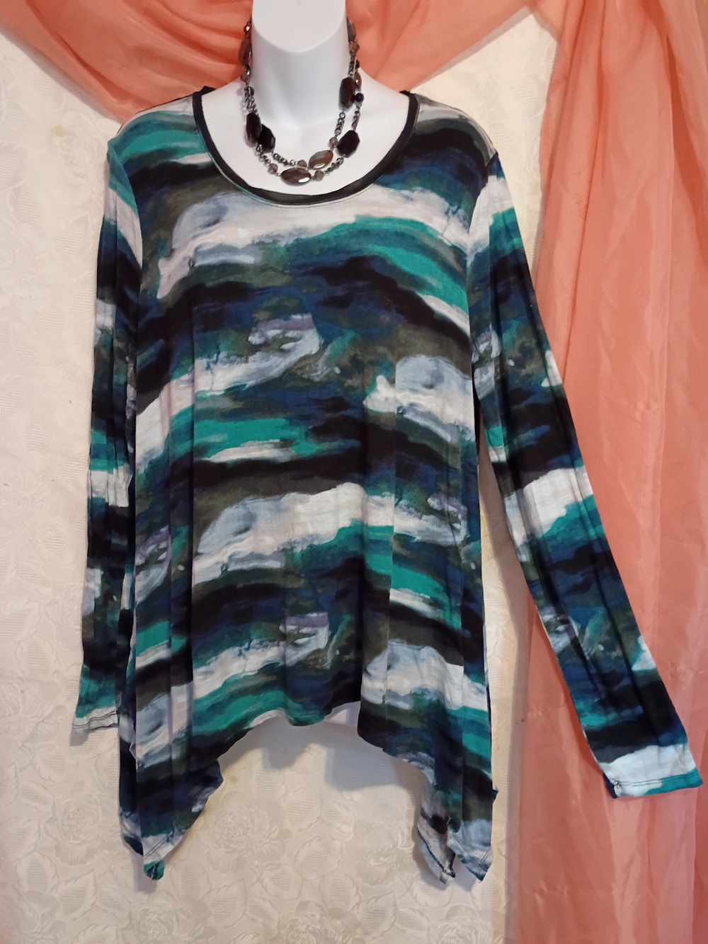 Simply Vera Vera Wang Teal, Black & White Watercolor Stripe Long Sleeve Top Sz X